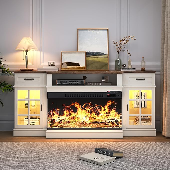 70" TV Stand with 36" Electric Fireplace, Entertainment Center Console Table for TV up to 80'', Fireplace TV Stand with Open Storage Shelves and Glass Door for Living Room, White