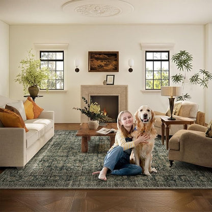 Washable Living Room Area Rug: 10x14 Rugs for Bedroom Vintage Stain Resistant Non Slip Low Pile Large Boho Carpet for Kitchen Dining Room Farmhouse Kids Room Nursery