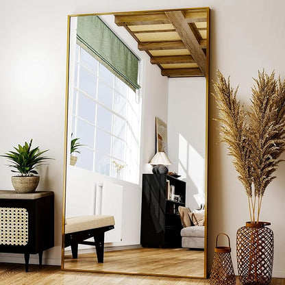 Easly Full Length Mirror with Stand 38"x77" Full Body Mirror Floor Mirror Standing Hanging or Leaning Wall, Wall Mirror with Stand Aluminum Alloy Frame for Living Room Bedroom Cloakroom,Gold