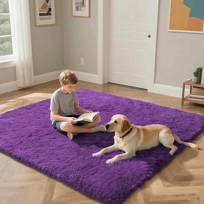 Purple Fluffy Rug Shag Area Rug, 9x12 Area Rugs for Girls Bedroom, Big Soft Shag Bedside Non-Slip Plush Dorm Nursery Kids Carpet Home Decor Aesthetic