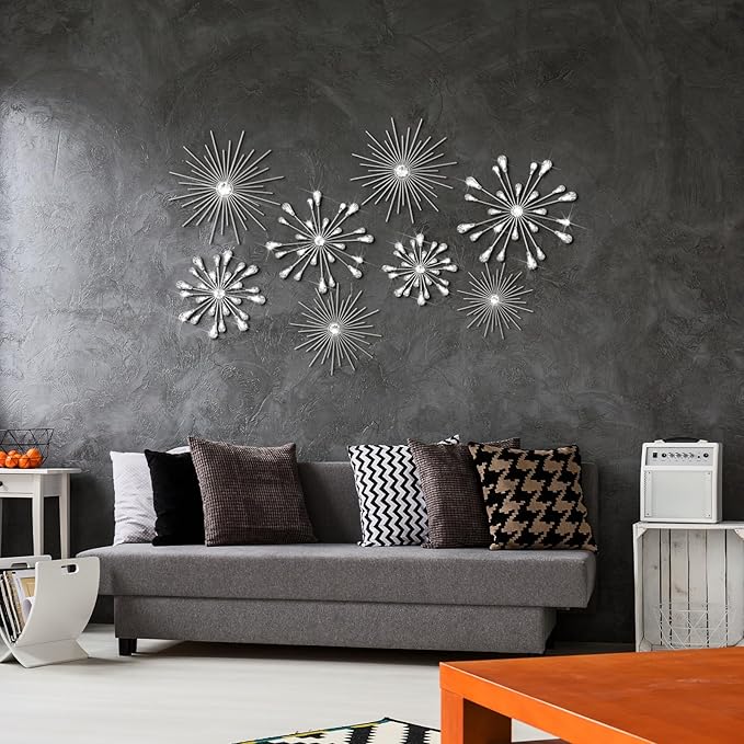 Blulu 8 Pcs Silver Metal Wall Art Cast Iron Starburst Wall Decor Bling Crystal Sculptures Living Room 3D Teardrop Radial Rhinestone Hanging Diamond Accents for Home Office Bedroom Entryway