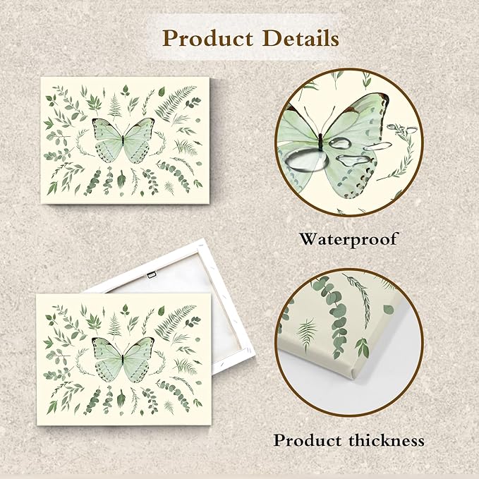 LB Sage Green Butterfly Wall Art Watercolor Leaf Eucalyptus Leaves with Butterfly Canvas Wall Art Green Plant Wall Decor for Living Room Bedroom Bathroom Framed Ready to Hang 16L x 20W Inch