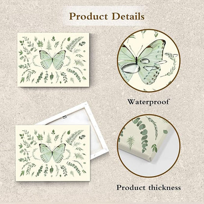 LB Sage Green Butterfly Wall Art Watercolor Leaf Eucalyptus Leaves with Butterfly Canvas Wall Art Green Plant Wall Decor for Living Room Bedroom Bathroom Framed Ready to Hang 16L x 20W Inch