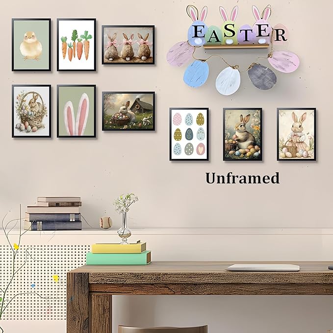 9 Pcs Easter Bunny Wall Decor, Vintage Holiday Wall Art Painting, Rustic Easter Egg Décor Oil Paintings, Fun Rabbit Canvas Poster Print Picture, Vintage Home Decor Animals Artwork Prints 8''x10'' Unframed
