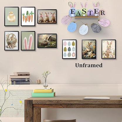 9 Pcs Easter Bunny Wall Decor, Vintage Holiday Wall Art Painting, Rustic Easter Egg Décor Oil Paintings, Fun Rabbit Canvas Poster Print Picture, Vintage Home Decor Animals Artwork Prints 8''x10'' Unframed