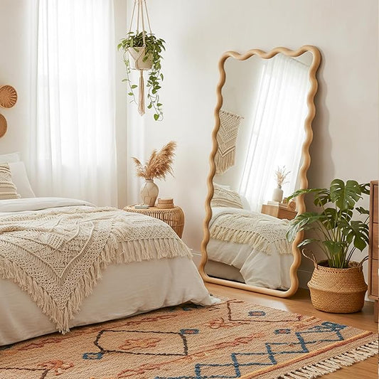 Full Length Mirror, 55"x28" Boho Wavy Wood Floor Mirror, for Bathroom, Bedroom, Living Room, Cloakroom, Entryway