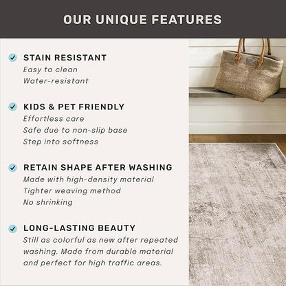 Hazo Haus 2x6 Washable Bathroom Runner Rug, Non Slip Low Pile Runner with Rubber Backing for Hallway, Kitchen and Entryway, Beige Tan Modern Farmhouse Home Decor