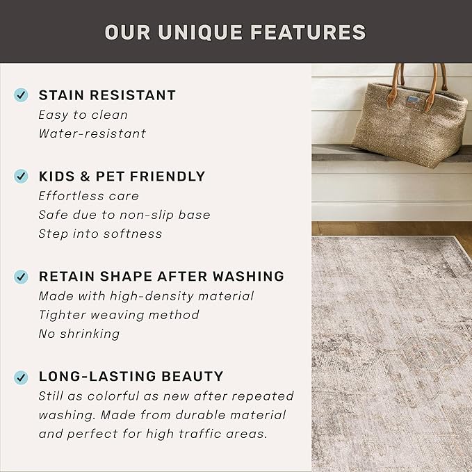 Hazo Haus Non Slip 10ft Long Hallway Runner Rug - Beige Brown 2 x 10 Runner Rug, Washable & Waterproof 2x10 Kitchen Floor Mat - Modern Abstract Design Décor