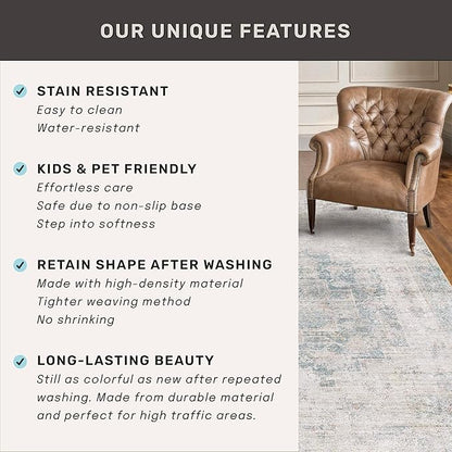 Light Blue 2x4 Runner Rug for Bathroom, Entryway Indoor, Kitchen Floor Waterproof, Powder Room, Washable Non Slip Low Pile Stain & Fade Resistant, Modern Eclectic Dusty Blue Décor