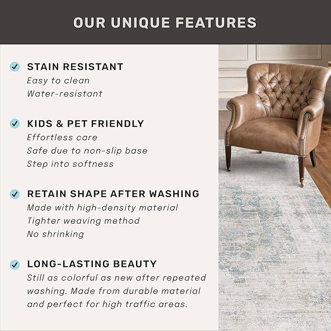 Washable 4x6 Rug for Small Living Room, Area Rug for Kitchen, Bedside, Large Entryway Indoor - Stain Resistant Non Slip with Rubber Backing, Unique Floral Aethestic Décor, Light Blue & Gray