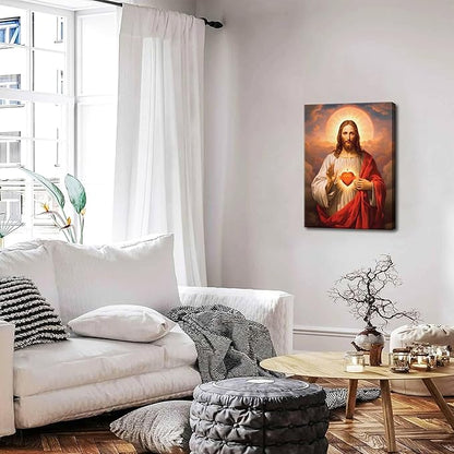 Jesus Sacred Heart Christian Wall Art, Divine Mercy Canvas Paintings Prints Posters Wall Decor, Christ Jesus Portrait Home Decor for Living Room Dining Room Prayer Room Decor 24x36 in Framed