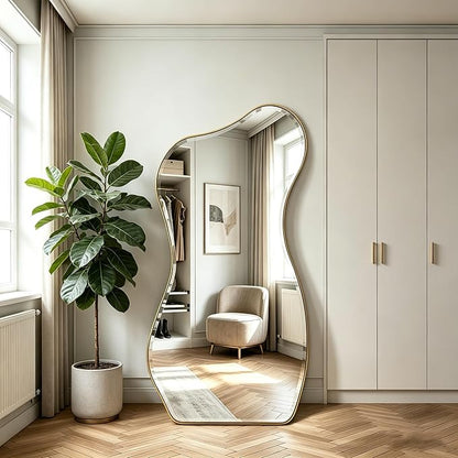 POZINO Irregular Beveled Mirror Full Length, 66.8"x33.5" Asymmetrical Aesthetic Wall Mirror with Metal Frame, Premium Organic Floor Mirrors for Living Room Entryway Cloakroom, Leaning/Wall-Mount
