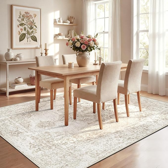 5x7 Area Rugs for Living Room, Washable Vintage Boho Neutral Medallion Rug Non Slip Low Pile Floor Carpet for Bedroom Nursery Dining Room (Beige, 5'x7')
