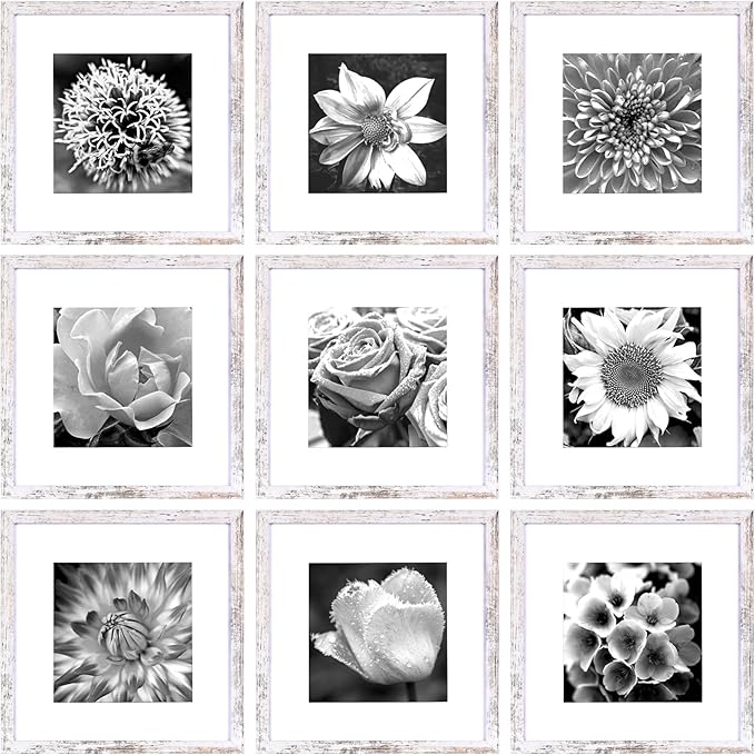 Yaetm 12x12 Picture Frame with Mat for 8x8 Set of 9, Square 12 x 12 Frames, White Gallery Wall Frame 12x12 for Wall Hanging (9 pack, Rustic White)