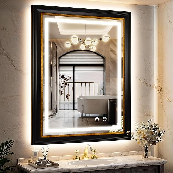 ROLOVE 23x33 Inch Antique Black and Gold Mirror for Wall, Lighted Vintage Mirrors for Bathroom with Anti-Fog, Waterproof Frame, Shatterproof Glass, Ornate Baroque Mirror for Entryway & Powder Room