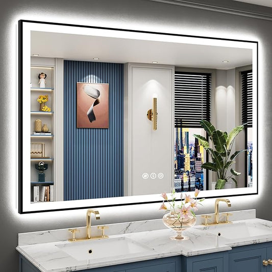 60x40 Black Framed LED Bathroom Mirror with Lights, Backlit and Front Lit Anti-Fog Lighted Vanity Mirrors for Bathroom Wall, Dimmable, 3 Colors, Memory, HD Tempered Glass, Horizontal/Vertical