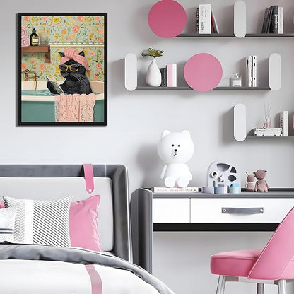 Floating Framed Bathroom Cat Canvas Wall Art, Funny Black Cat Reading Wall Decor, Cute Animal Prints Pictures Posters for Living Room Bedroom Toilet Kids Room Paintings 16x24 inch