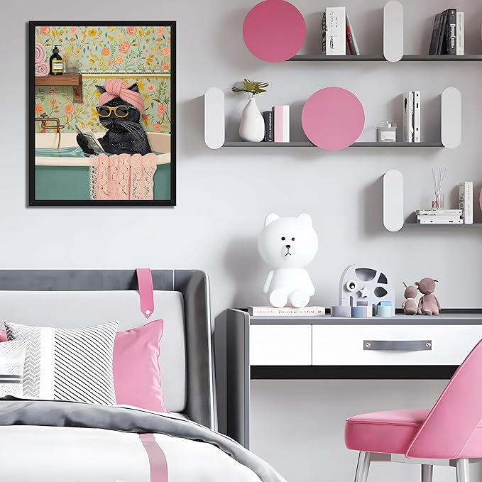 Floating Framed Bathroom Cat Canvas Wall Art, Funny Black Cat Reading Wall Decor, Cute Animal Prints Pictures Posters for Living Room Bedroom Toilet Kids Room Paintings 12x16 inch