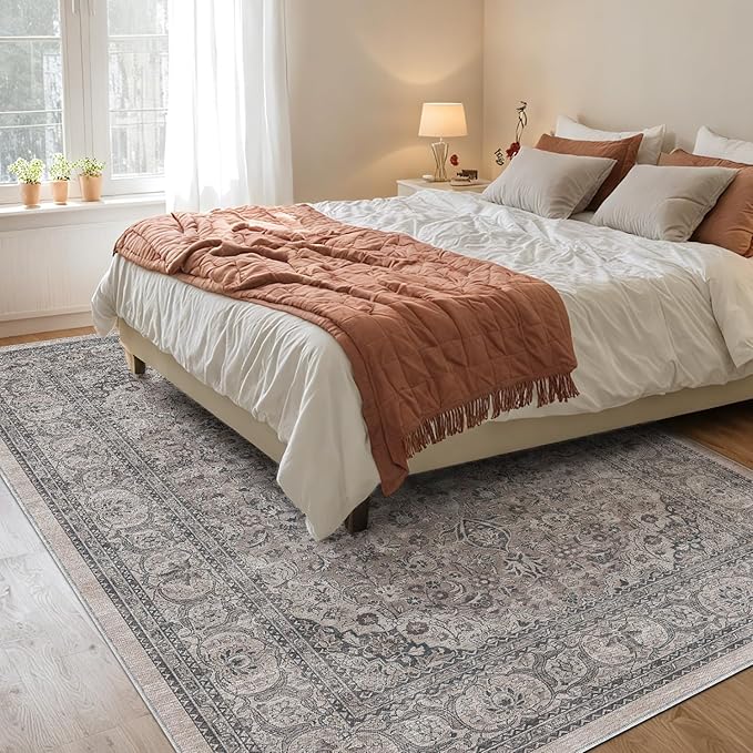 DEXI Area Rugs for Living Room, 8x10 Washable Low Pile Floral Rug for Bedroom, Non Slip Large Indoor Carpet for Dining Office Nursery, Grey