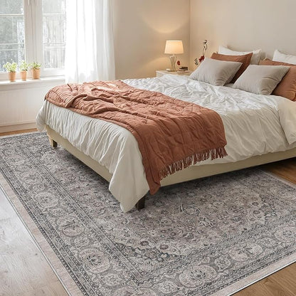 DEXI Area Rugs for Living Room, 8x10 Washable Low Pile Floral Rug for Bedroom, Non Slip Large Indoor Carpet for Dining Office Nursery, Grey