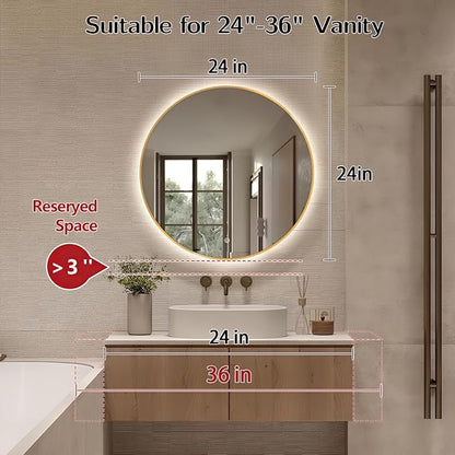 Niccy 24" LED Backlit Round Mirror for Bathroom, Gold Framed Vanity Light Wall Mirror, LED Smart Circle Mirrors with 3 Lighting Colors, Round Lighted Mirror with Anti-Fog, IP65 Waterproof