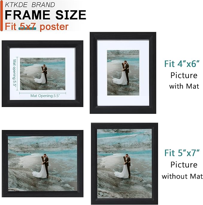 KTKDE 5x7 Picture Frame, Photo Frame Black with Real Glass for Picture 4x6 photo with Mat or 5x7 photo without Mat, Composite Wood Picture Frames for Table Top and Wall best gift