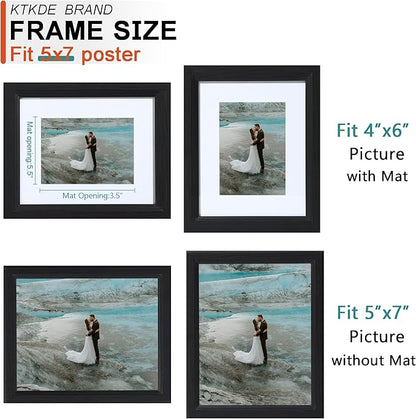 KTKDE 5x7 Picture Frame, Photo Frame Black with Real Glass for Picture 4x6 photo with Mat or 5x7 photo without Mat, Composite Wood Picture Frames for Table Top and Wall best gift