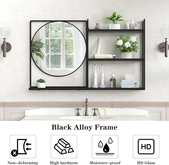 Black Metal Framed Bathroom Mirror with Shelf, 40" X 24.4" Rectangular Wall Mounted Bathroom Vanity Mirror, Modern Bathroom Mirror with Storage for Over Sink, Entryway