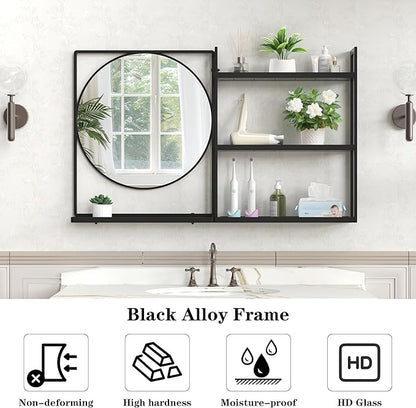 Black Metal Framed Bathroom Mirror with Shelf, 40" X 24.4" Rectangular Wall Mounted Bathroom Vanity Mirror, Modern Bathroom Mirror with Storage for Over Sink, Entryway