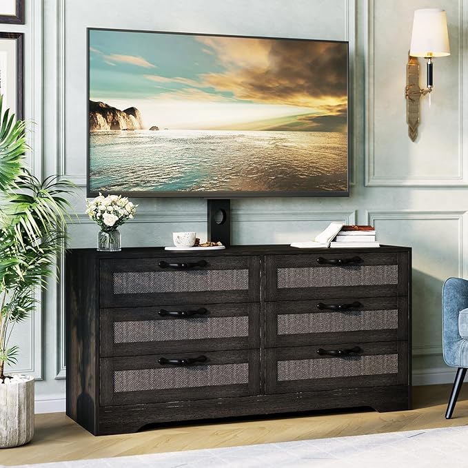 GarveeHome TV Stand with Mount for 32-85 Inch TVs - 47.2" Modern Entertainment Center with 6 Rattan Drawers, Media Console Table Storage for Living Room & Bedroom