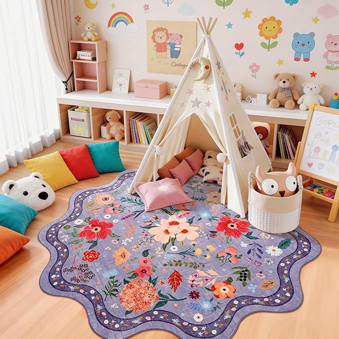 Macgace Purple Round Rug for Girls Bedroom, 4ft Machine Washable Floral Area Rugs with Non Slip Backing, Cute Flower Carpet Kitchen Living Room Kids Playroom Decor