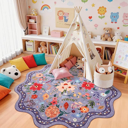 Macgace Purple Round Rug for Girls Bedroom, 4ft Machine Washable Floral Area Rugs with Non Slip Backing, Cute Flower Carpet Kitchen Living Room Kids Playroom Decor