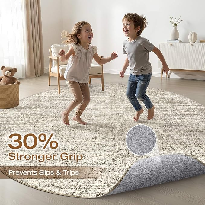 10ft Round Rug Living Room: 10x10 Washable Large Neutral Brown Circle Area Rug Abstract Soft Modern Stain Resistant Indoor Floor Non-Slip Carpet for Bedroom Nursery Kids Office Playroom Dining Room