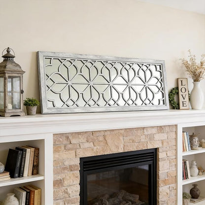 Set of 2 16x41.5 Inch Large Carved Floral Wood Frame Wall Mirrors, Shatterproof Boho Farmhouse Rustic Accent Mirrors for Living Room, Bedroom, Bathroom, Entryway & Home Wall Decor (Gray)