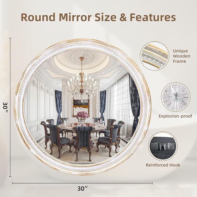 HOITUZYUS Farmhouse Round Wood Mirror 30 Inch, Rustic Boho Circle Decorative Mirrors for Bathroom, Living Room, Entryway, Bedroom, Hallway