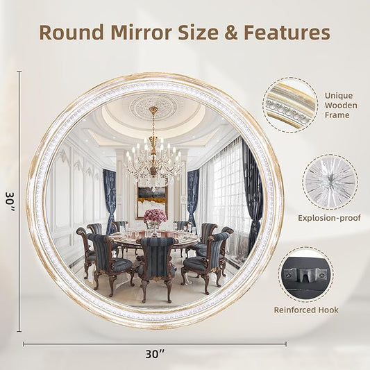 HOITUZYUS Farmhouse Round Wood Mirror 30 Inch, Rustic Boho Circle Decorative Mirrors for Bathroom, Living Room, Entryway, Bedroom, Hallway