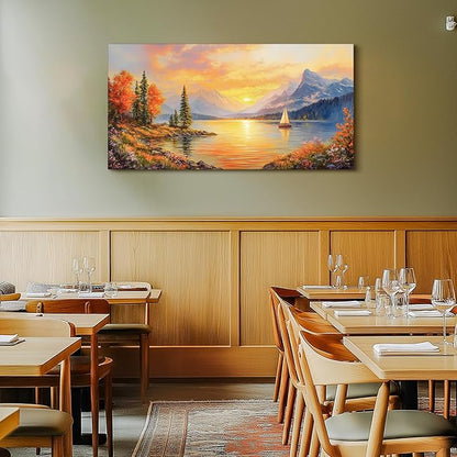 SERIMINO Sunset Landscape Large Wall Art, Mountain Lake Scenic Canvas Prints, Country Nature Scenery Artwork for Walls, Aesthetic Paintings Wall Decor Living Room Bedroom, Rustic Home Decor 24"X48"