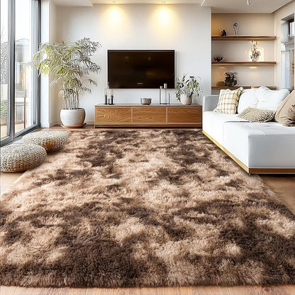 Soft Shaggy Rugs Fluffy Rug, Plush Area Rugs for Living Room Nursery Home Decor, Tie-Dyed Brown Anti-Skid Rectangular Fuzzy Rug 8x10 Feet