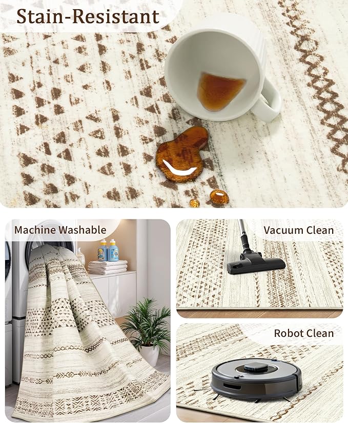 Miukiki 4x6 Area Rug for Living Room Moroccan Washable Rugs Non Slip Indoor Floor Carpet Foldable Large Soft Area Rug for Dining Room Bedroom with Low Pile(Brown,4'x6')