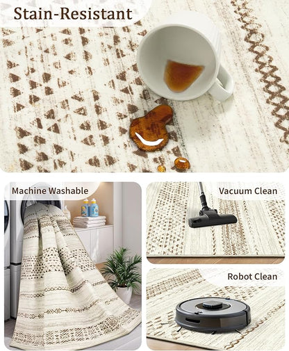 Miukiki 5x7 Area Rug for Living Room Moroccan Washable Rugs Non Slip Indoor Floor Carpet Foldable Large Soft Area Rug for Dining Room Bedroom with Low Pile(Brown,5'x7')
