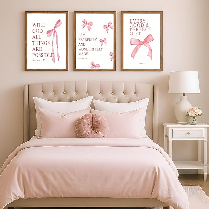 JBZDD Wood Coquette Pink Bow Canvas Wall Art Set of 3, Inspirational Bible Verses Decor Posters Pictures Prints Aesthetic for Girls Room College Apartment Living Room Bedroom Framed 12x16 Inch
