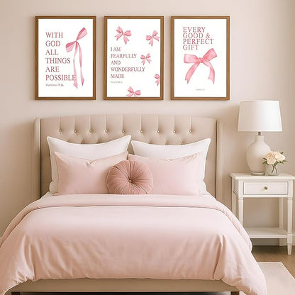 JBZDD Wood Coquette Pink Bow Canvas Wall Art Set of 3, Inspirational Bible Verses Decor Posters Pictures Prints Aesthetic for Girls Room College Apartment Living Room Bedroom Framed 12x16 Inch
