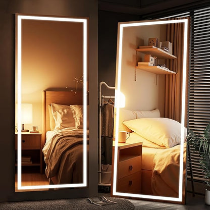 79" x 32" Full Length Mirror with Lights, Large LED Lighted Floor Standing Body Mirror, Dimmable & 3 Color Lighting for Bedroom, Cloakroom, Dressing Room, Tempered Glass, Black Frame