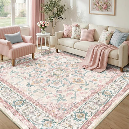 CAPALOCA Machine Washable Rugs Nursery Rug Sq8ft Cute Girl Non Slip Low Pile Water Repellent Soft Print Pattern for Bedroom Indoor Decor Kids Playroom Pink Teal