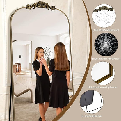 Antok Arched Full Length Mirror, 90"x46" Floor Mirror with Carved, Full Body Mirrors for HomeDecor, Standing/Halling Large Wall Mirror for Bedroom, Living Room, Cloakroom, Bronze, Retro Style