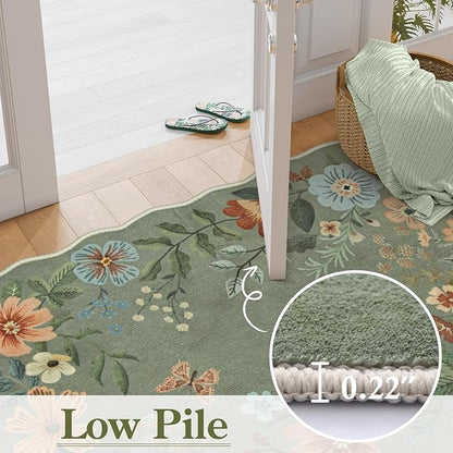 Lahome Floral Washable Round Area Rug, Soft Round Rugs 6ft Ultra-Thin Non-Slip, Boho Large Circle Carpet for Bedroom Living Room Kitchen Nursery, Green