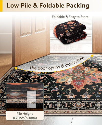 RELEANY Area Rugs 2'6"x12' Runner Rug Non Slip Washable for Kitchen Hallway Bedroom Beside Laundry Room Bathroom Rug, Floor Carpet, Black Colorful Floral Dark Tan