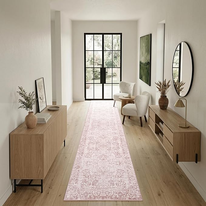 Rugxara 2x10 Washable Runner Rug, Non Slip Boho Runner Rugs for Hallway, Kitchen, Entrance, Bathroom, Laundry Room, Soft Ultra-Thin Entryway Carpet, Throw Low Pile Retro Imitation Carpet, Pink