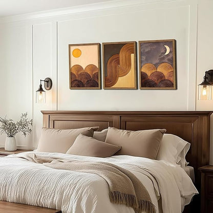 raiqtols Abstract Framed Wooden Canvas Wall Art Set of 3 – Sun Moon Geometric Boho Modern Wall Decor, Golden Brown Mid Century Prints with Wooden Frame for Living Room Bedroom – 12x16in