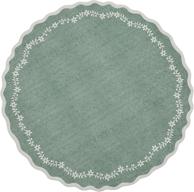 GarveeHome Scalloped Round Area Rugs 8ft for Living Room, Large Sage Green Washable Circle Rug Soft Non Slip Floral Print Floor Mat Carpet Indoor Thin Rug for Bedroom Dining Room Playroom Nursery